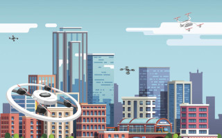 This NASA  illustration depicts multiple small drones flying in an urban environment, which will be the scenario for NASA?s last in a series of demonstrations of a system that safely manages drone flight.